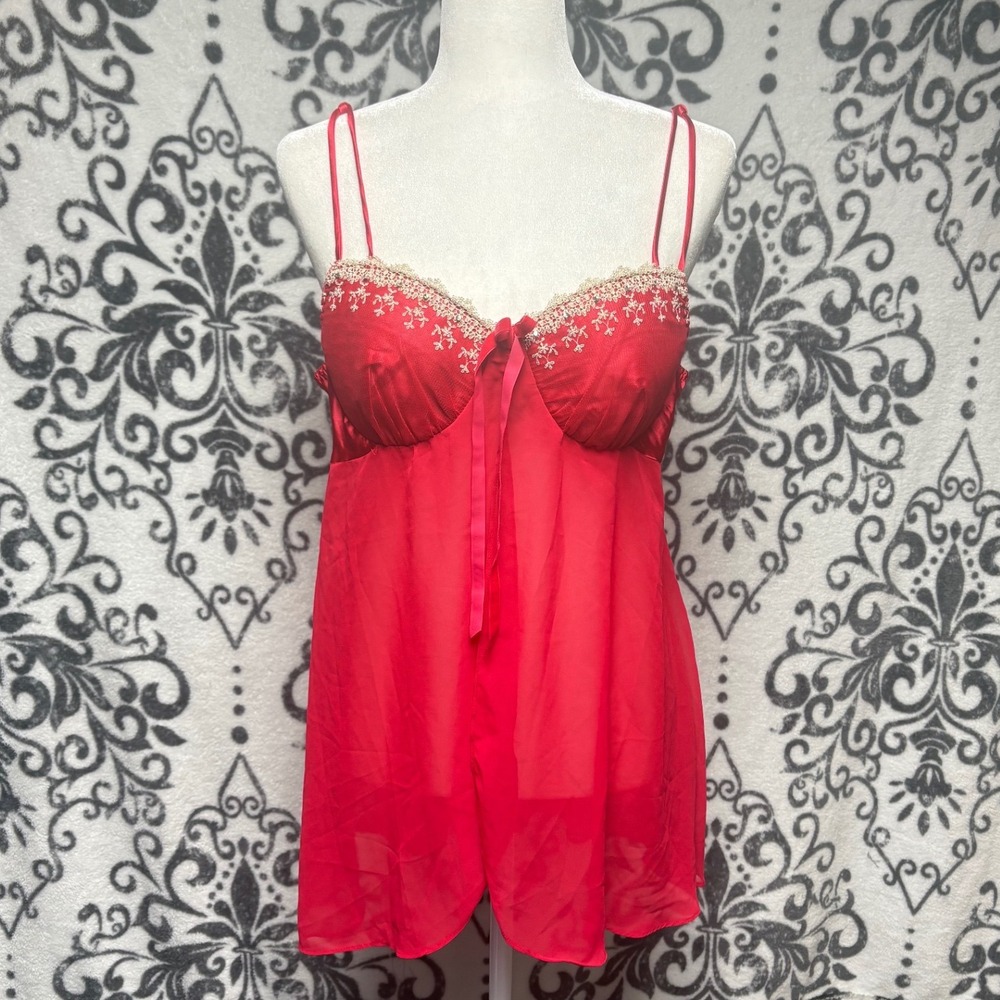 Cinema Etoile Seductive Wear Red Embroidered Lace Babydoll Chemise Large RN79862